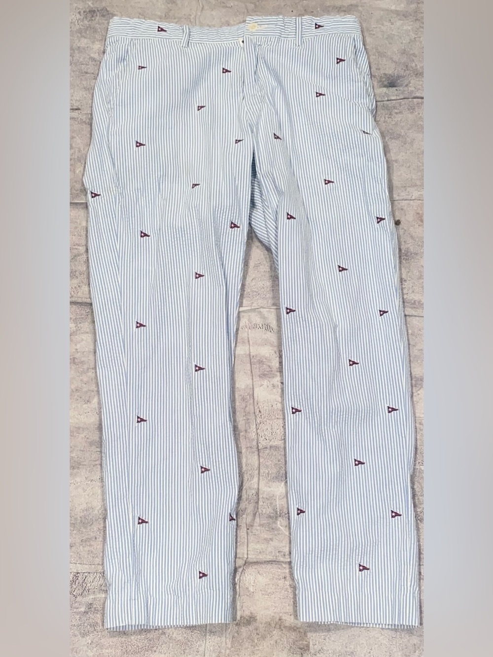 Polo Ralph Lauren Cotton Seeersucker Flag Emblem Accent Critter Pants Trouser 33